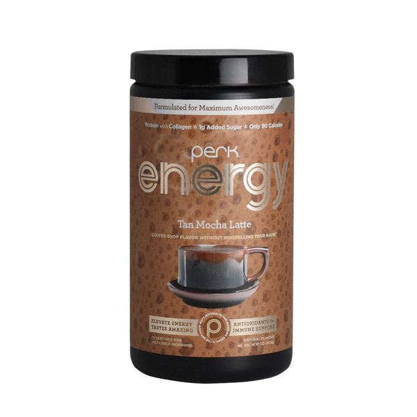 Perk Energy caffeinated hot chocolate Tan Mocha Latte supplement container on a white background
