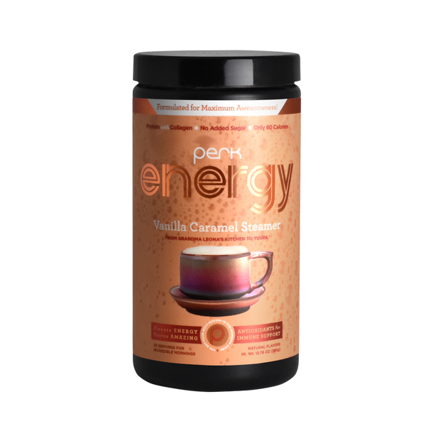 can of vanilla caramel steamer by perk energy, 100mg caffeine