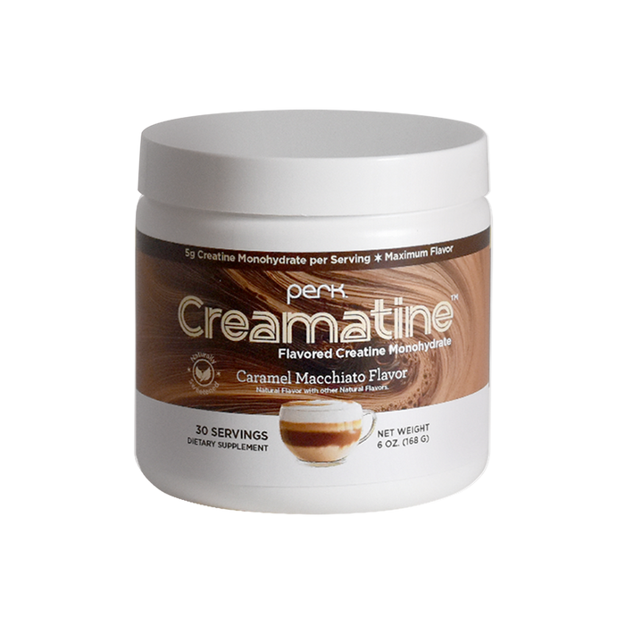 Jar of Creamatine flavored creatine monohydrate with caramel macchiato flavor on a white background. perk creatine